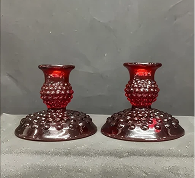 Fenton Ruby Red Hobnail Candlestick Pair